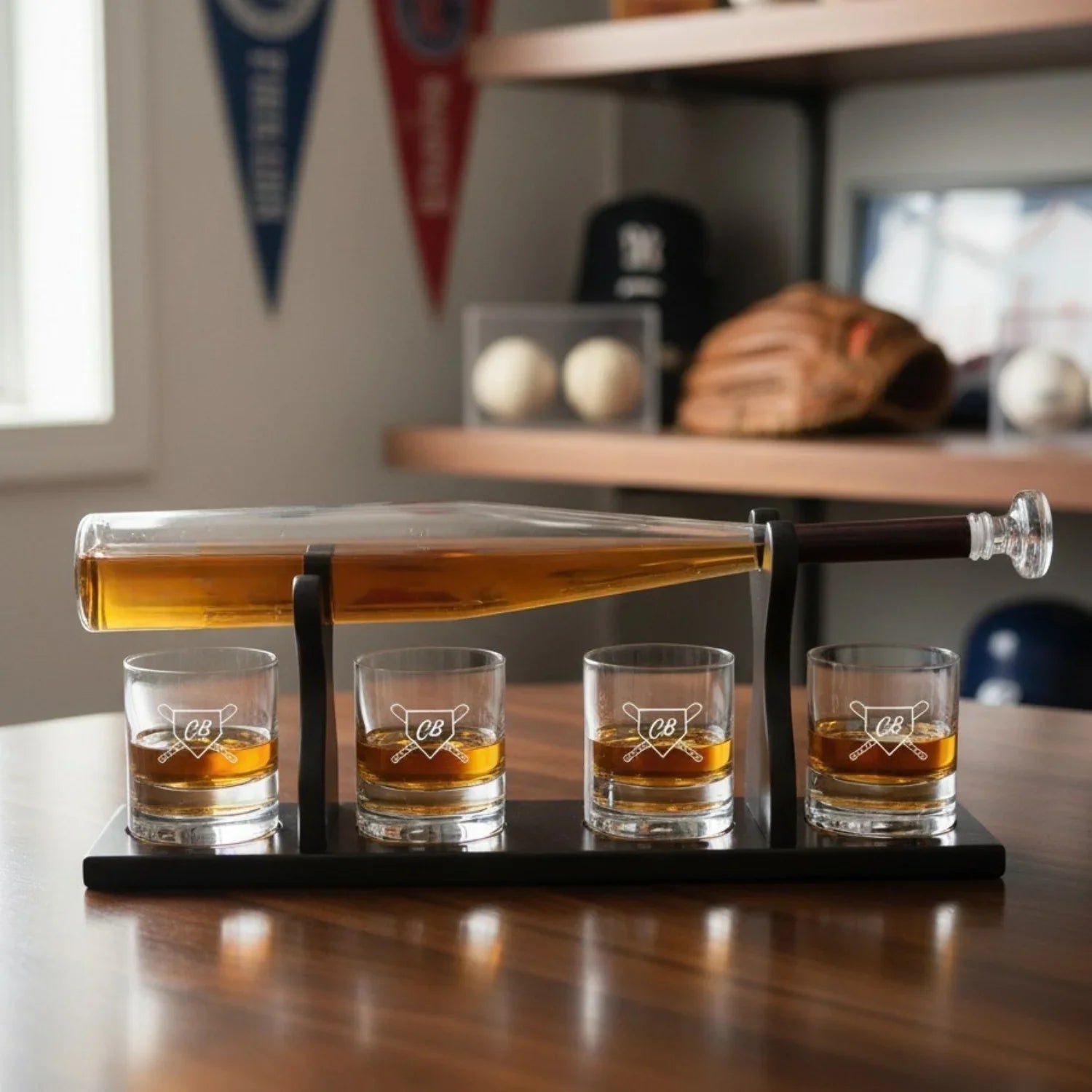 Home Run Personalized Baseball Bat Decanter Set with four engraved whiskey glasses