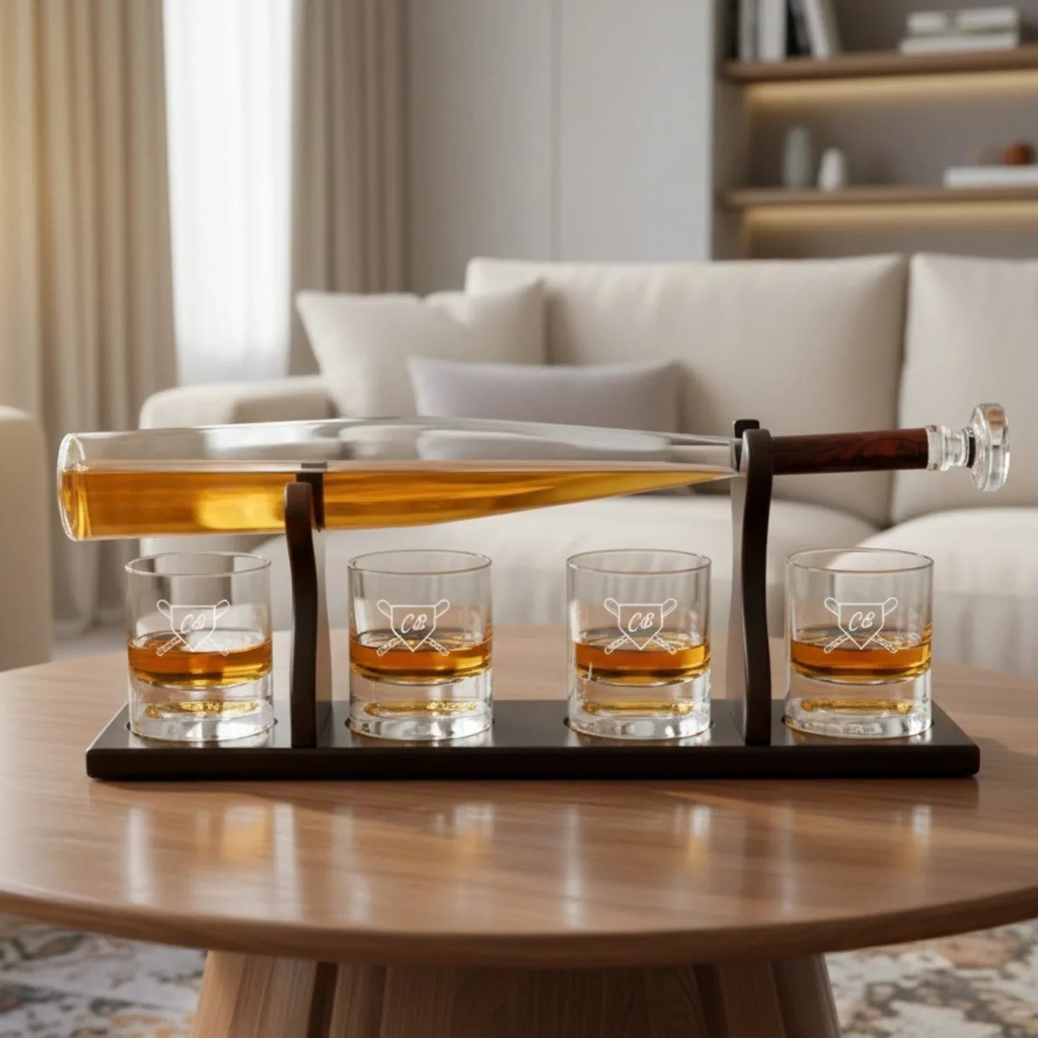 Baseball bat-shaped decanter on mahogany display stand