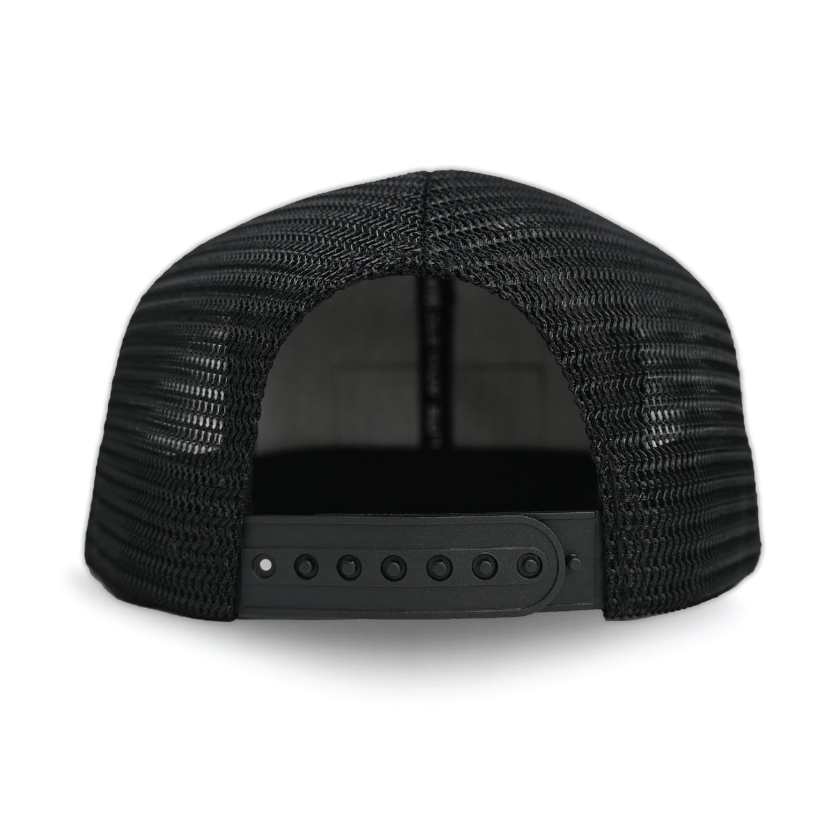 Black mesh trucker hat with snapback closure shown from back view, displaying adjustable sizing straps with snap buttons