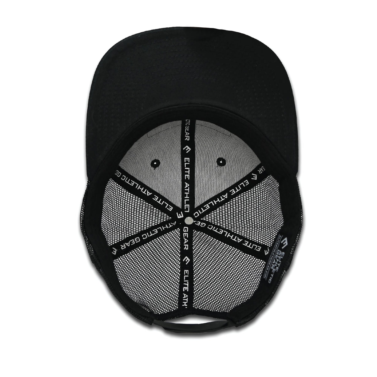 Black trucker hat with gray fabric front panel and mesh back, displaying Elite Athletic Gear PVC patch with patriotic design and brand text on snapback closure