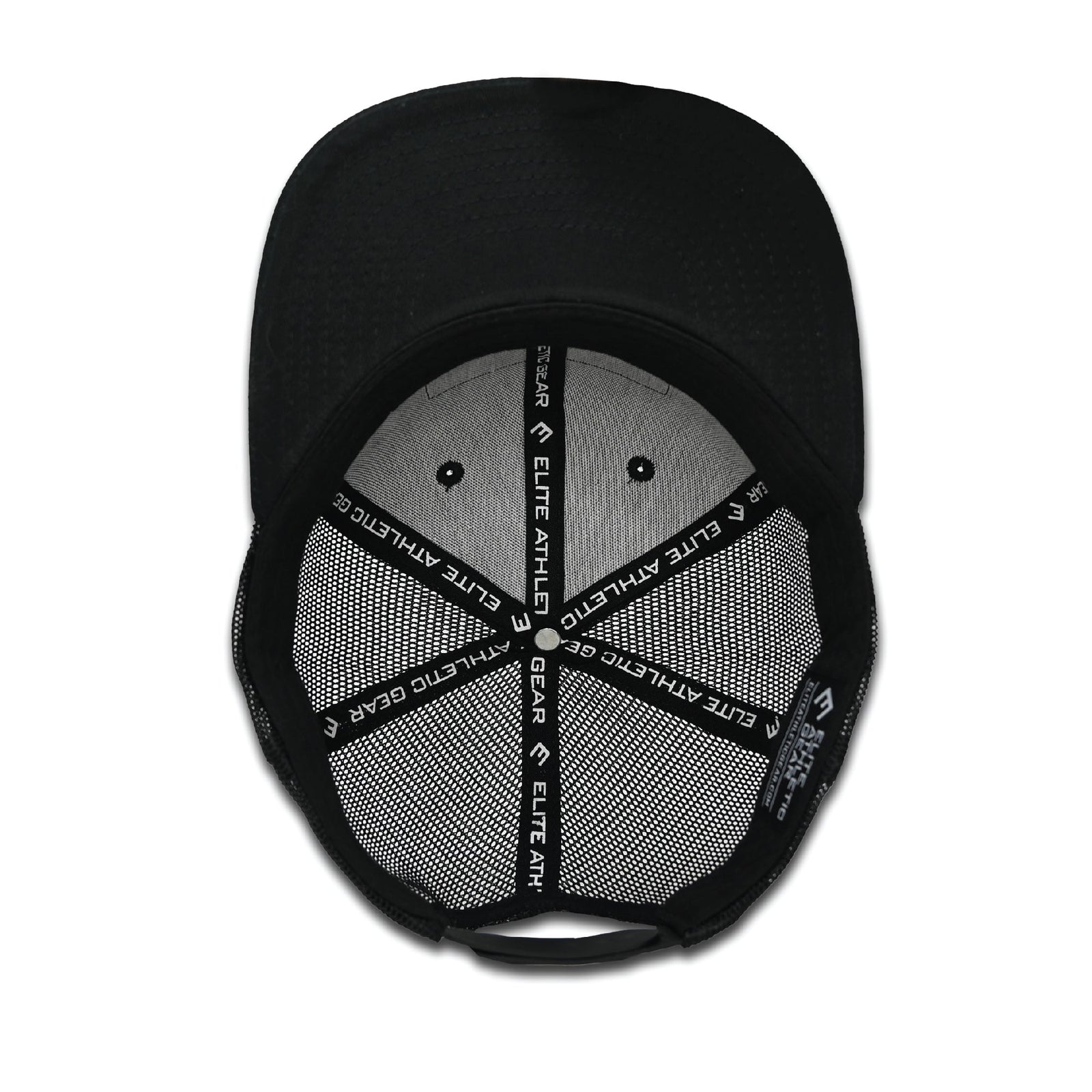 Black trucker hat with gray fabric front panel and mesh back, displaying Elite Athletic Gear PVC patch with patriotic design and brand text on snapback closure