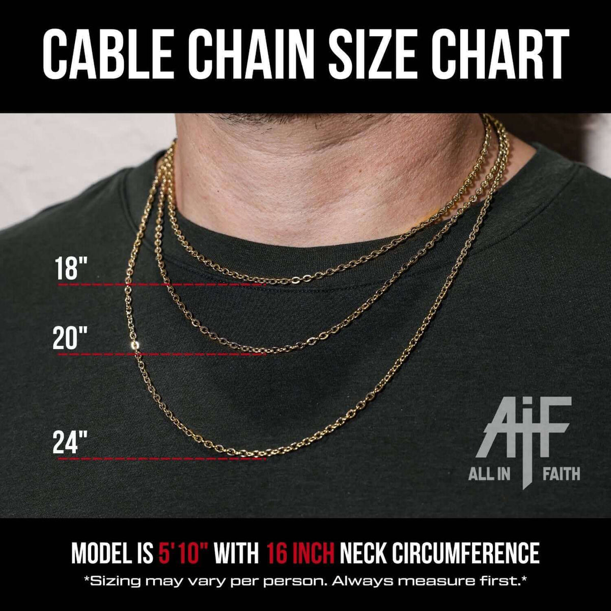 Man wearing dark shirt displaying three gold stainless steel cable chains in 18 inch, 20 inch, and 24 inch lengths with measurement indicators