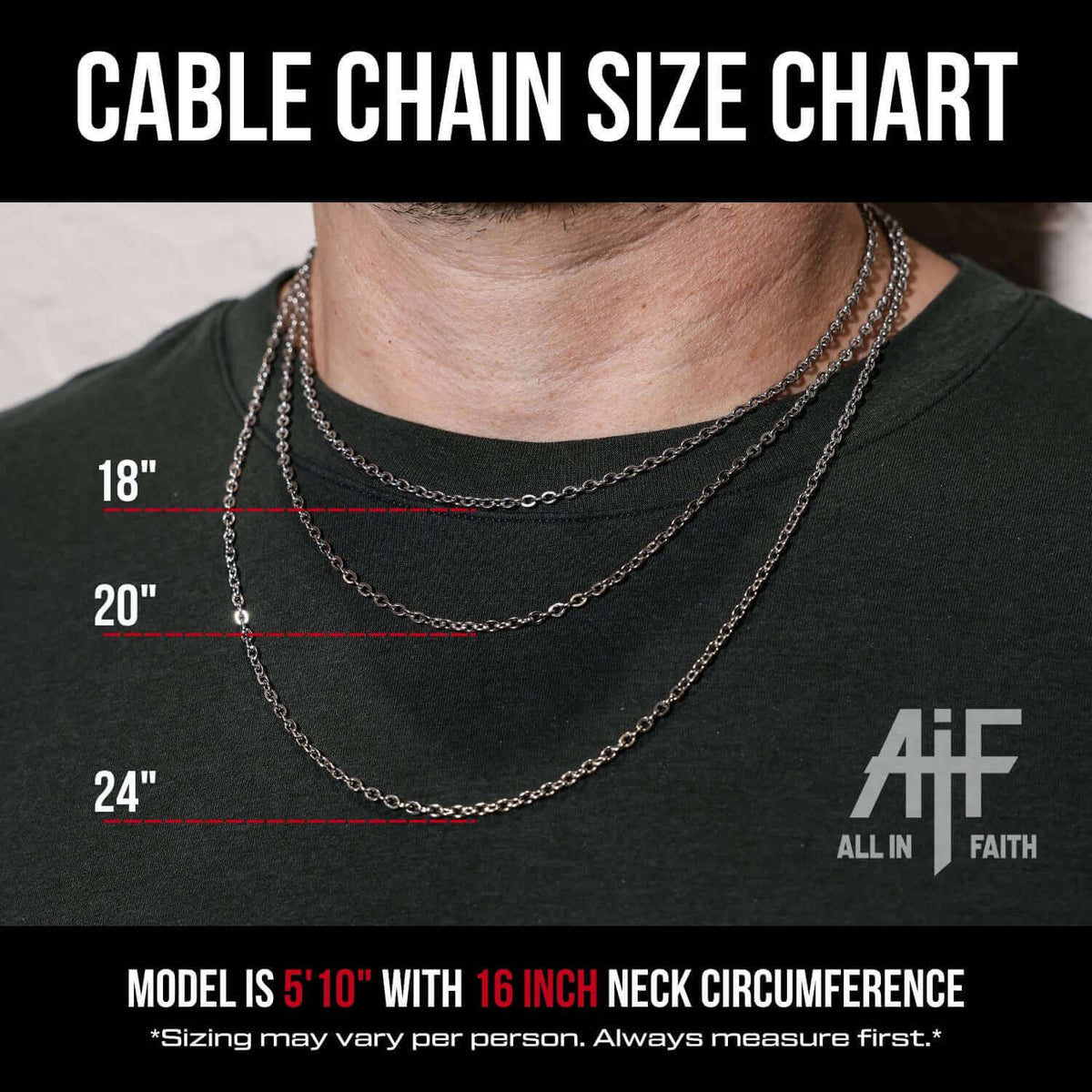 Man wearing dark green shirt with three stainless steel cable chains draped on neck labeled 18", 20", and 24" to show length sizing comparison