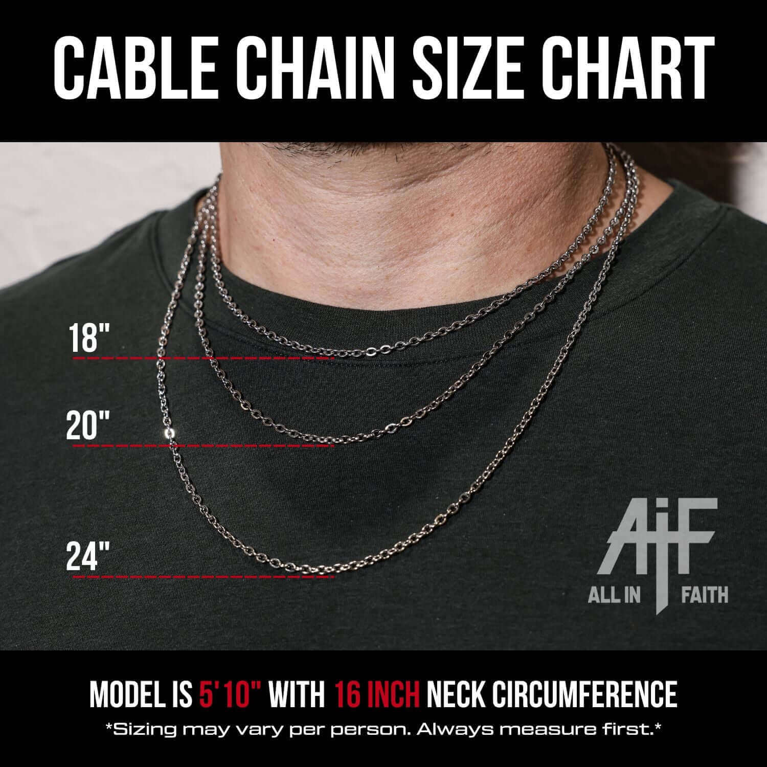 Man wearing dark green shirt with three stainless steel cable chains draped on neck labeled 18", 20", and 24" to show length sizing comparison