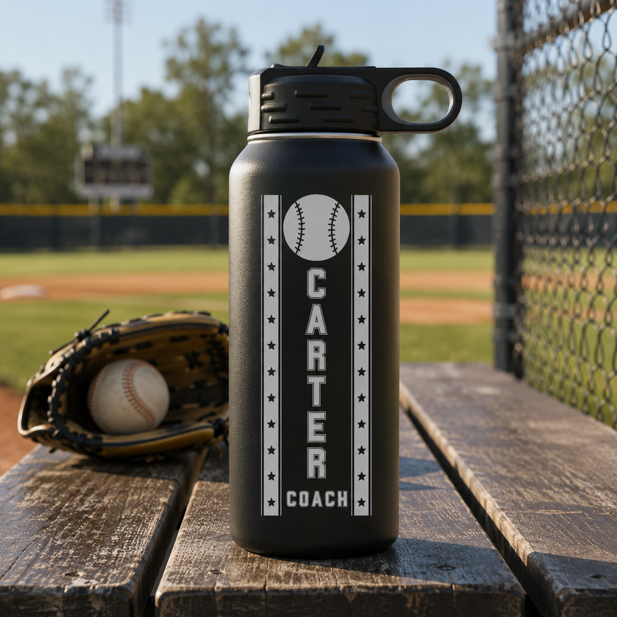 Personalized baseball coach water bottle in matte black, laser engraved with the name Carter and Coach inside a star-bordered baseball design, resting on a dugout bench.