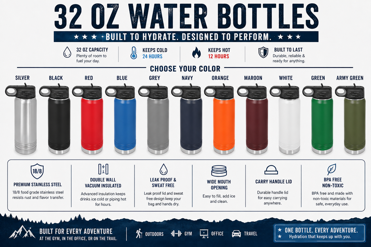 Personalized soccer coach water bottle color chart with all 11 matte colors plus 32oz capacity, double-wall vacuum insulation, and BPA-free stainless steel specs.