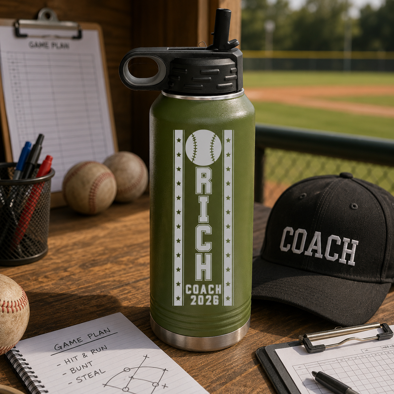Olive green personalized baseball coach water bottle engraved Rich Coach 2026 on a coach's desk with a game-plan clipboard, baseballs, and a black Coach cap.