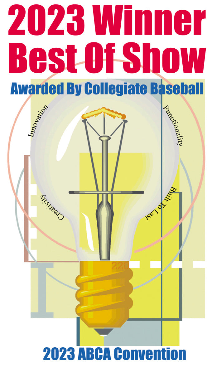 Graphic showing "2023 Winner Best Of Show" award badge with lightbulb design and text "Awarded By Collegiate Baseball" and "2023 ABCA Convention