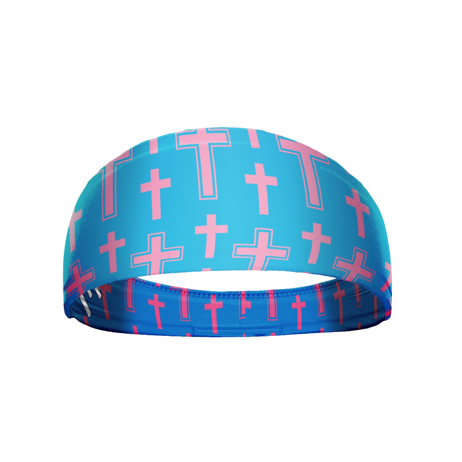Turquoise and navy reversible headband with pink cross pattern throughout, tapered design shown front view against white background