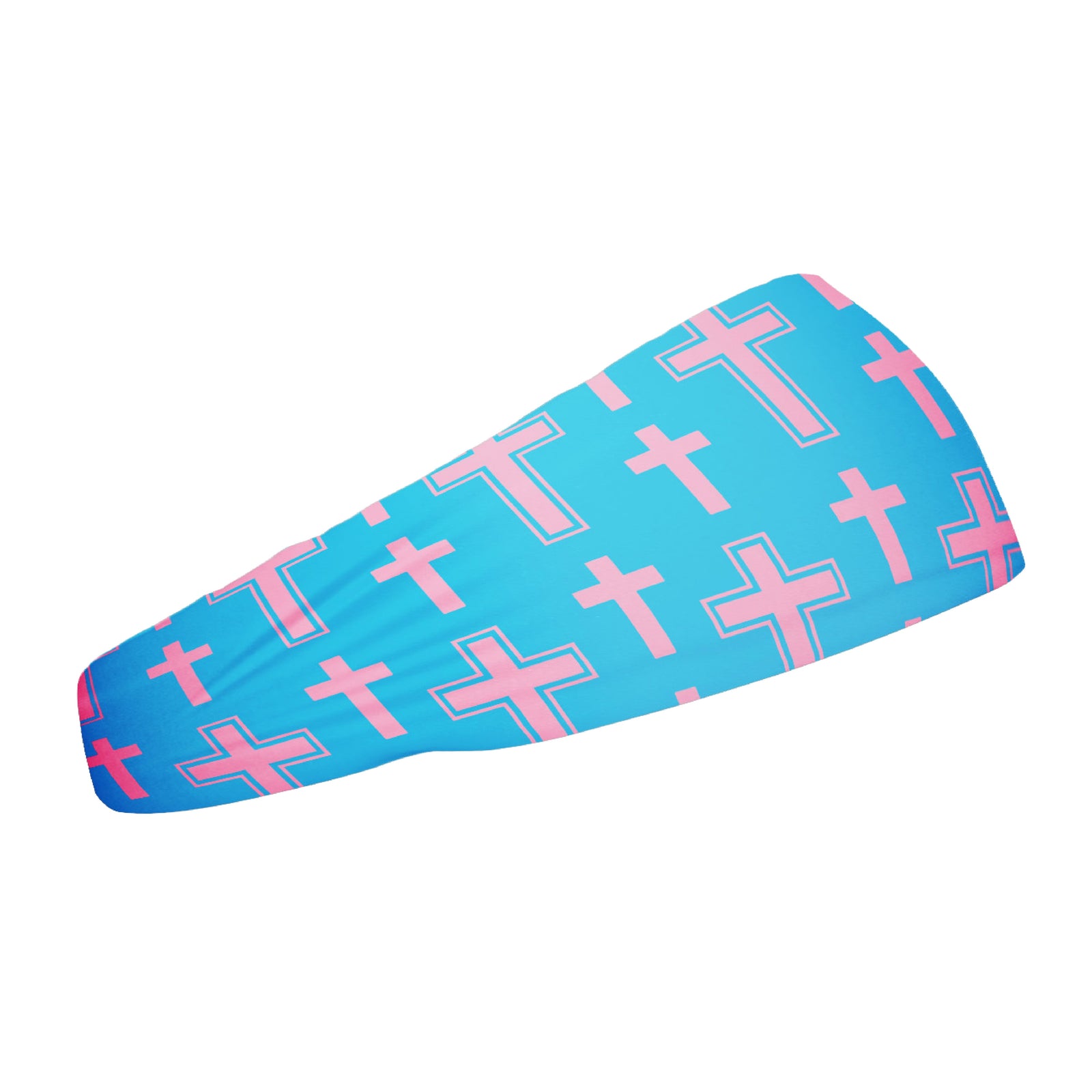 Turquoise headband with all-over pink cross pattern in varying sizes, featuring tapered design