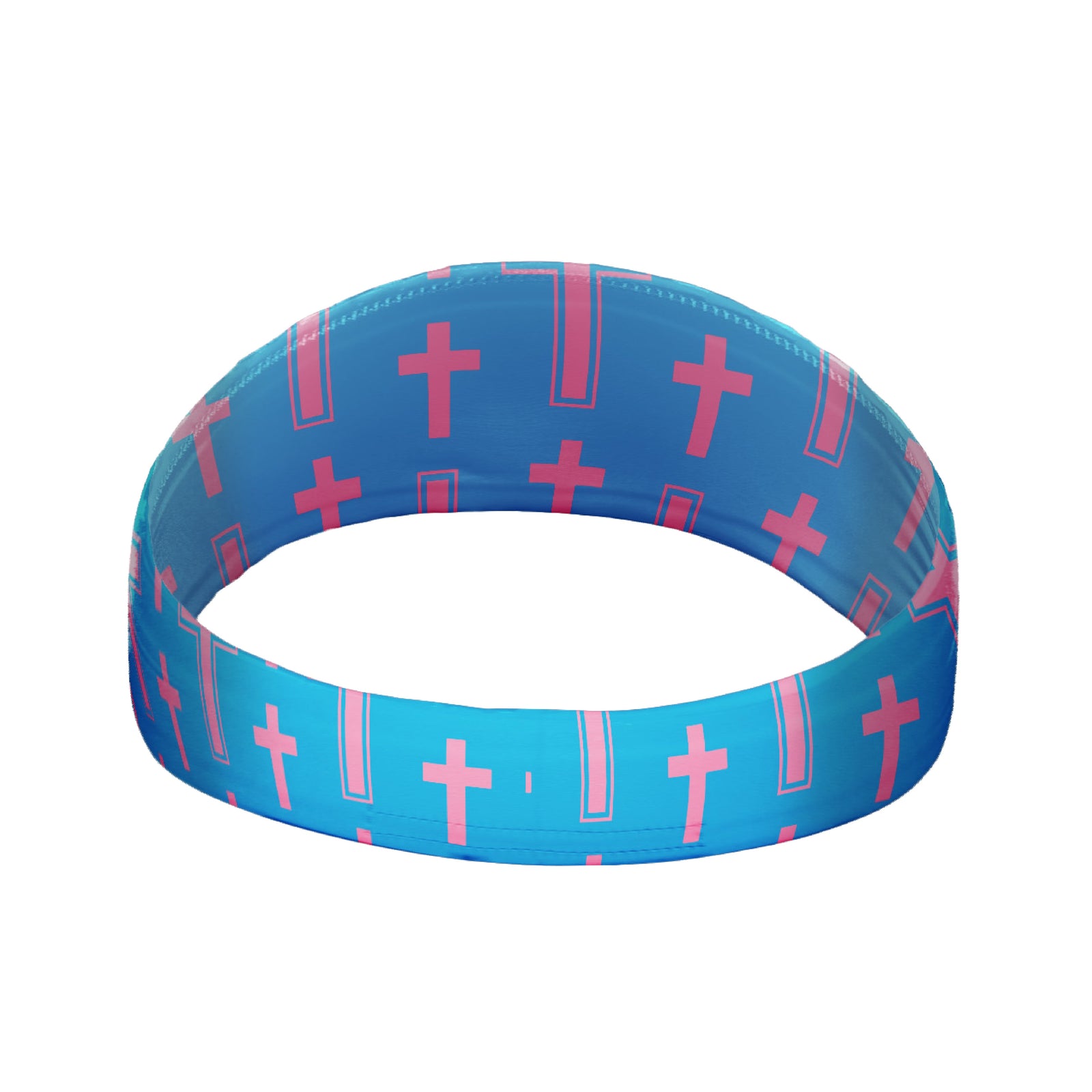 Blue and cyan reversible headband with pink cross pattern printed on both sides, shown from above in flat lay view