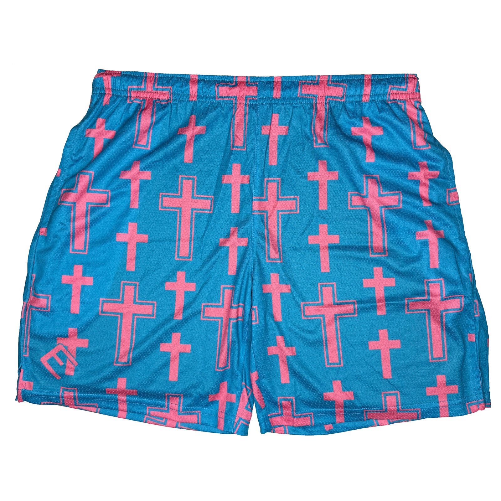 Teal shorts with pink cross pattern throughout, featuring elastic waistband and side pockets