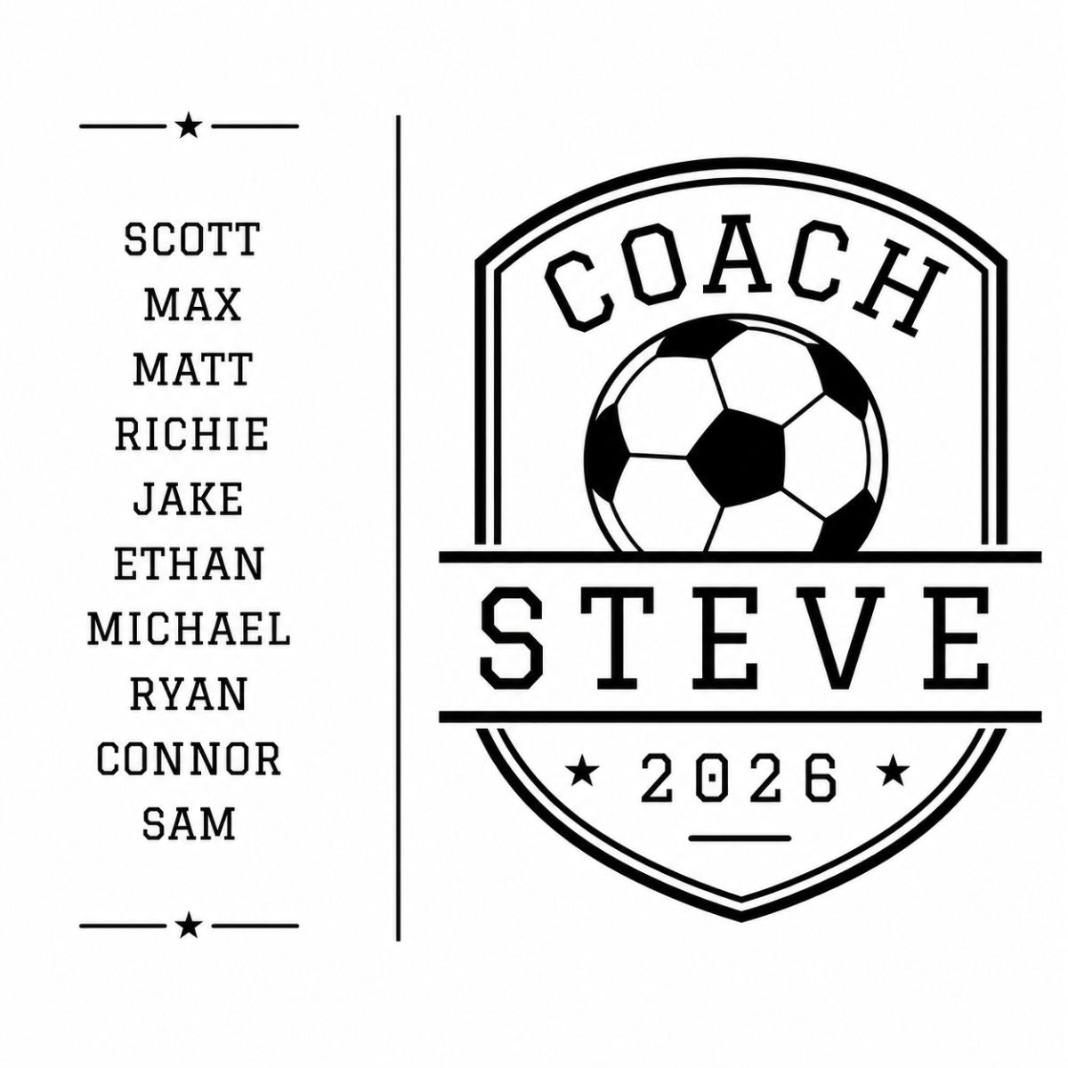Personalized soccer coach tumbler with the coach's name and a soccer design engraved on the front and the full team roster engraved on the back