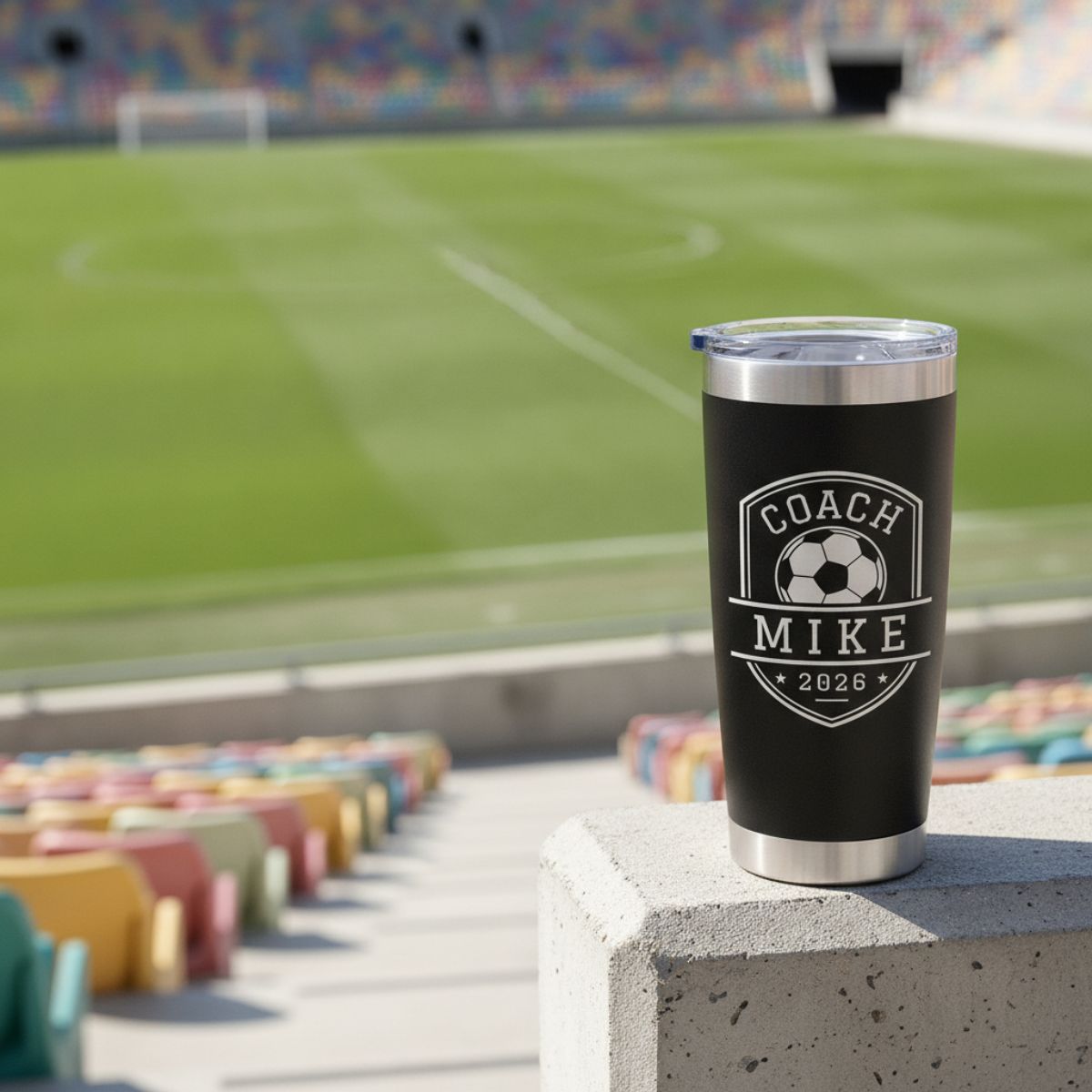 Personalized soccer coach tumbler with the coach's name and a soccer design engraved on the front and the full team roster engraved on the back