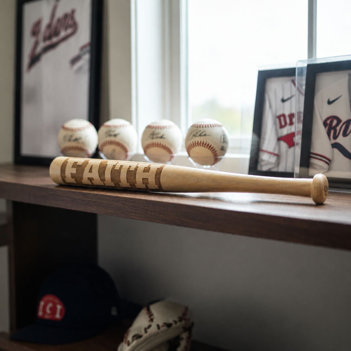 Personalized mini baseball bat engraved with the name FAITH resting on a wood shelf in front of signed baseballs and framed jerseys displayed indoors