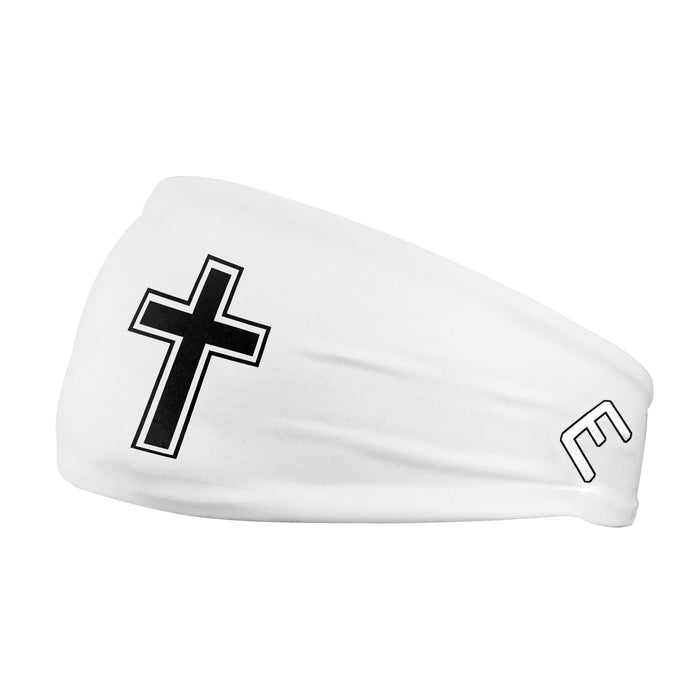 White moisture-wicking headband with bold black cross graphic on front and brand logo on the side.