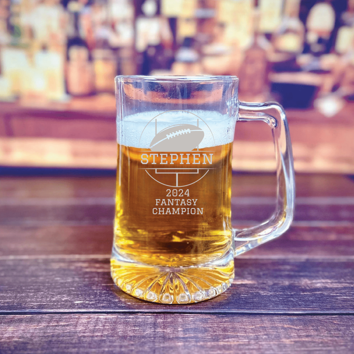 Fantasy Football Champ Beer Mug engraved with name and league title
