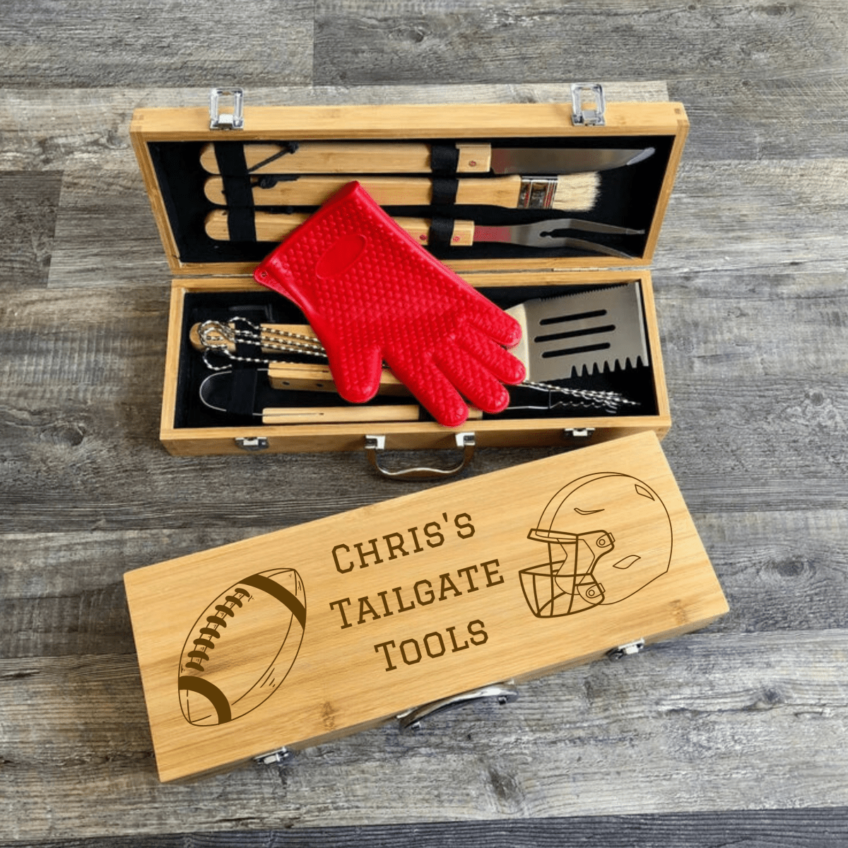 Tailgate Tools personalized BBQ grill set in bamboo case with football and helmet design