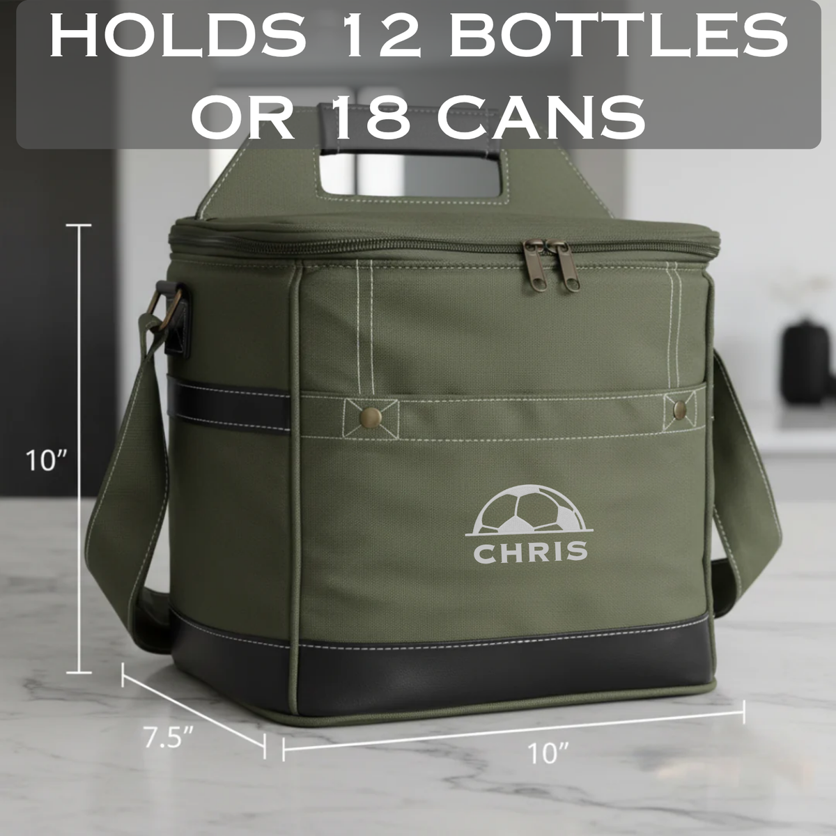 Personalized Pitch Day soccer cooler, a soft canvas insulated bag with faux leather trim embroidered with a name, holding up to 12 cans with a built-in bottle opener
