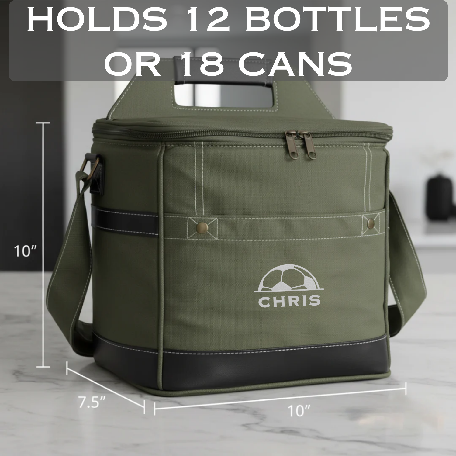 Personalized Pitch Day soccer cooler, a soft canvas insulated bag with faux leather trim embroidered with a name, holding up to 12 cans with a built-in bottle opener
