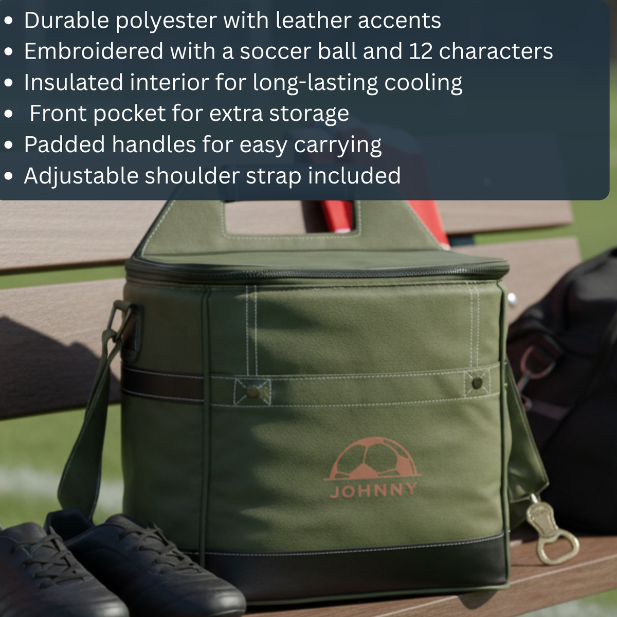 Personalized Pitch Day soccer cooler, a soft canvas insulated bag with faux leather trim embroidered with a name, holding up to 12 cans with a built-in bottle opener