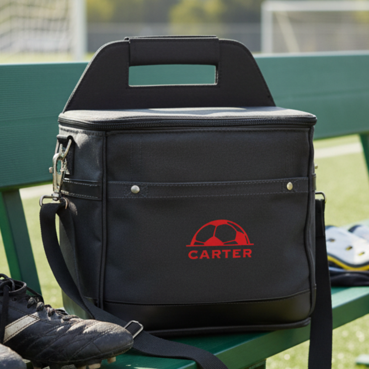 Personalized Pitch Day soccer cooler, a soft canvas insulated bag with faux leather trim embroidered with a name, holding up to 12 cans with a built-in bottle opener