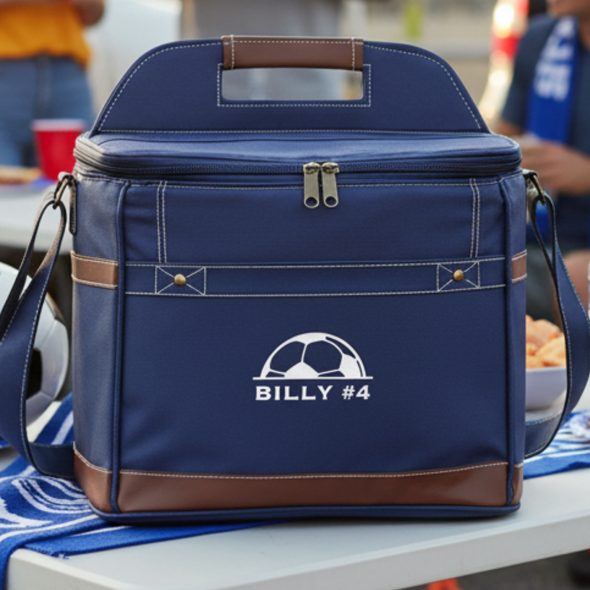 Personalized Pitch Day soccer cooler, a soft canvas insulated bag with faux leather trim embroidered with a name, holding up to 12 cans with a built-in bottle opener