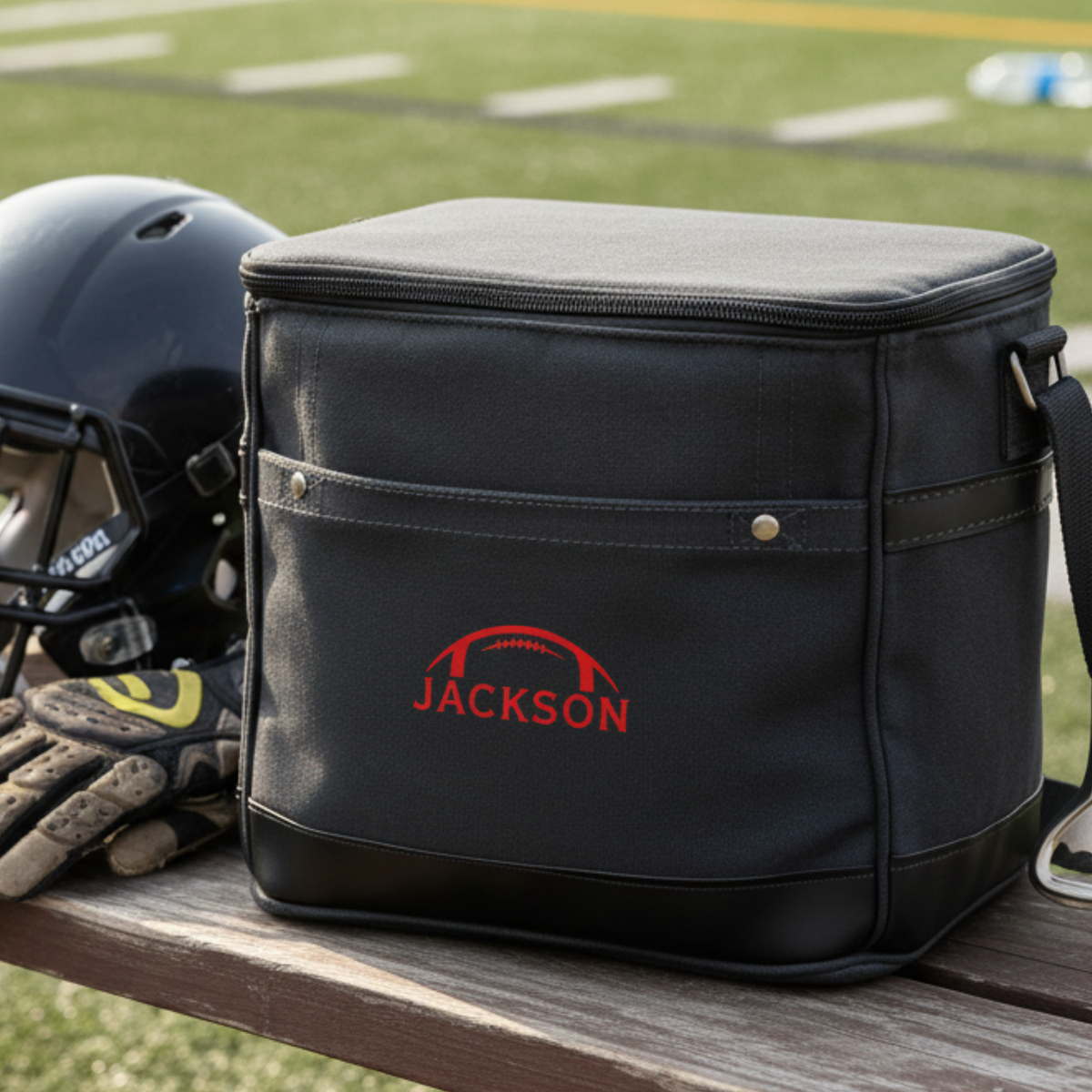 Personalized game day tailgate cooler in premium canvas with faux leather accents, embroidered with up to 3 initials, with an attached bottle opener and shoulder strap