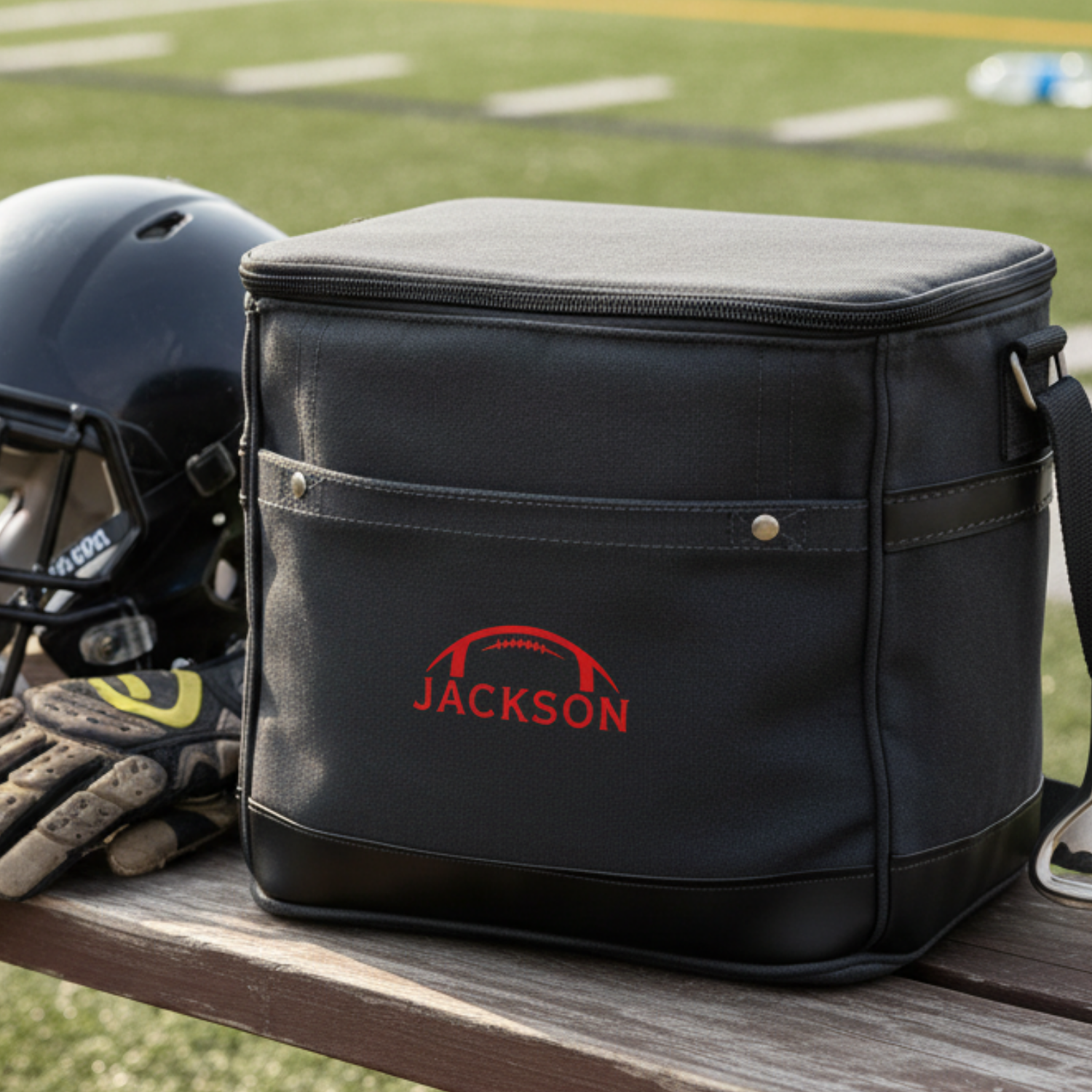 Personalized game day tailgate cooler in premium canvas with faux leather accents, embroidered with up to 3 initials, with an attached bottle opener and shoulder strap