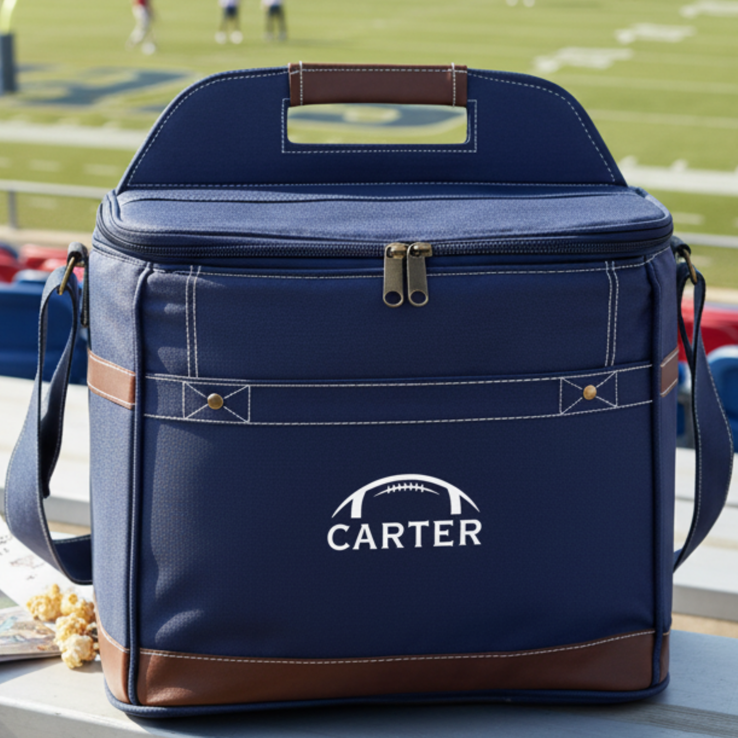 Personalized game day tailgate cooler in premium canvas with faux leather accents, embroidered with up to 3 initials, with an attached bottle opener and shoulder strap