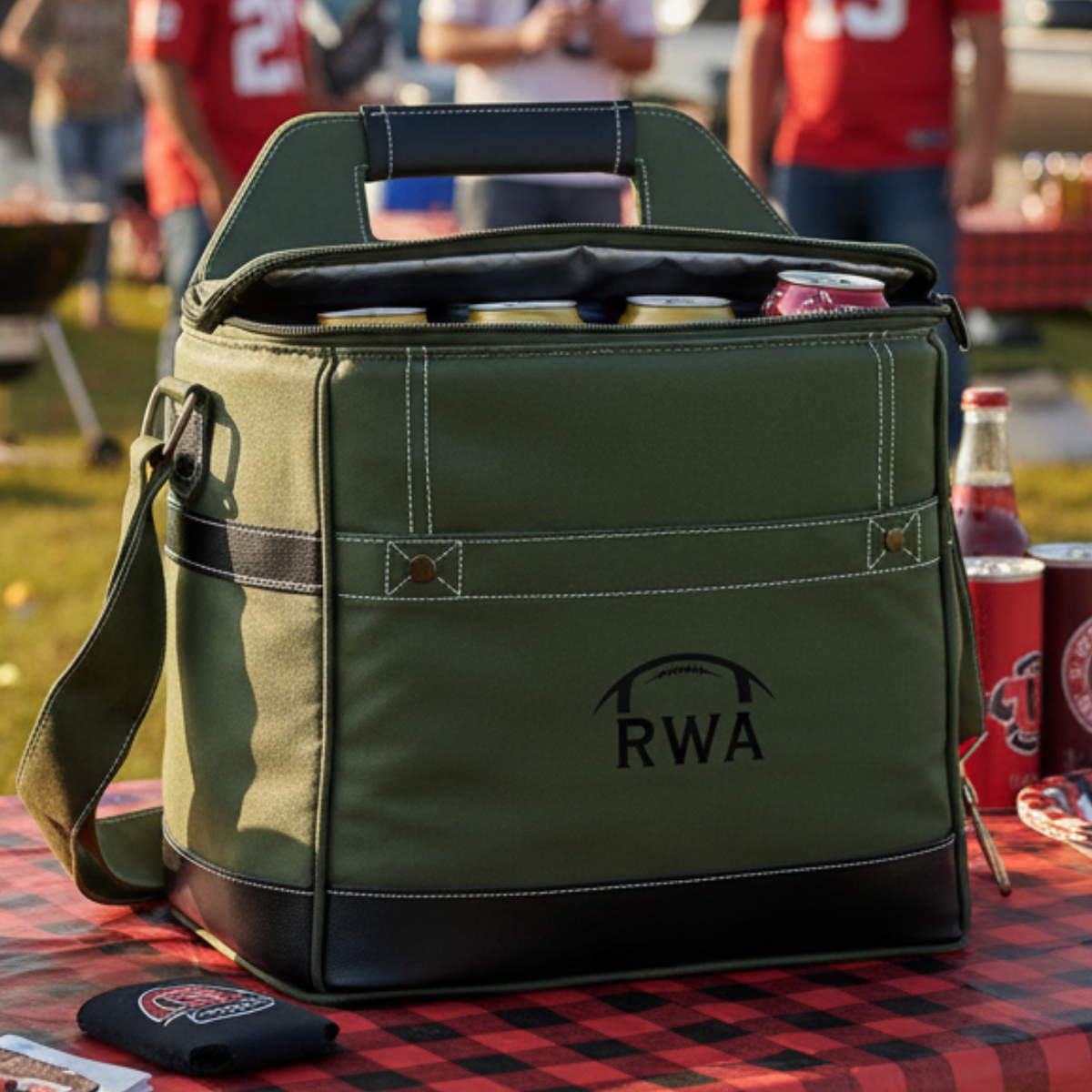 Personalized game day tailgate cooler in premium canvas with faux leather accents, embroidered with up to 3 initials, with an attached bottle opener and shoulder strap