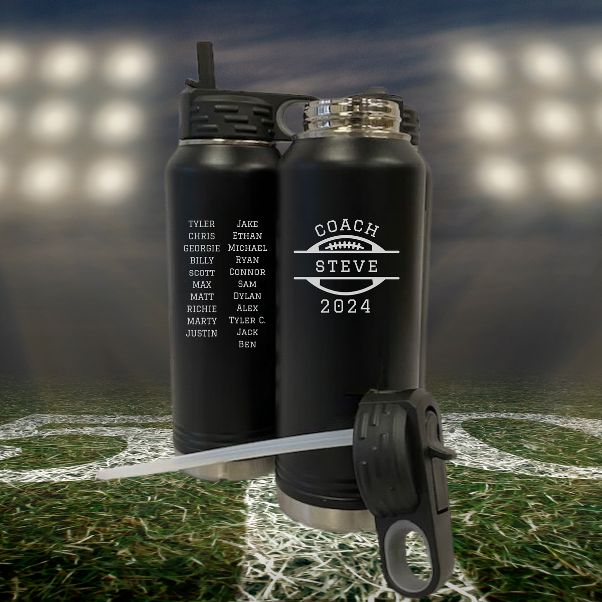 Personalized football coach water bottle, a 32oz insulated stainless steel bottle laser-engraved with the coach's name, year, and team roster in a football design