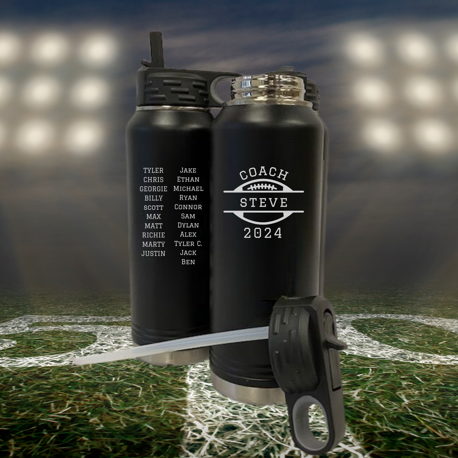 Personalized football coach water bottle, a 32oz insulated stainless steel bottle laser-engraved with the coach's name, year, and team roster in a football design