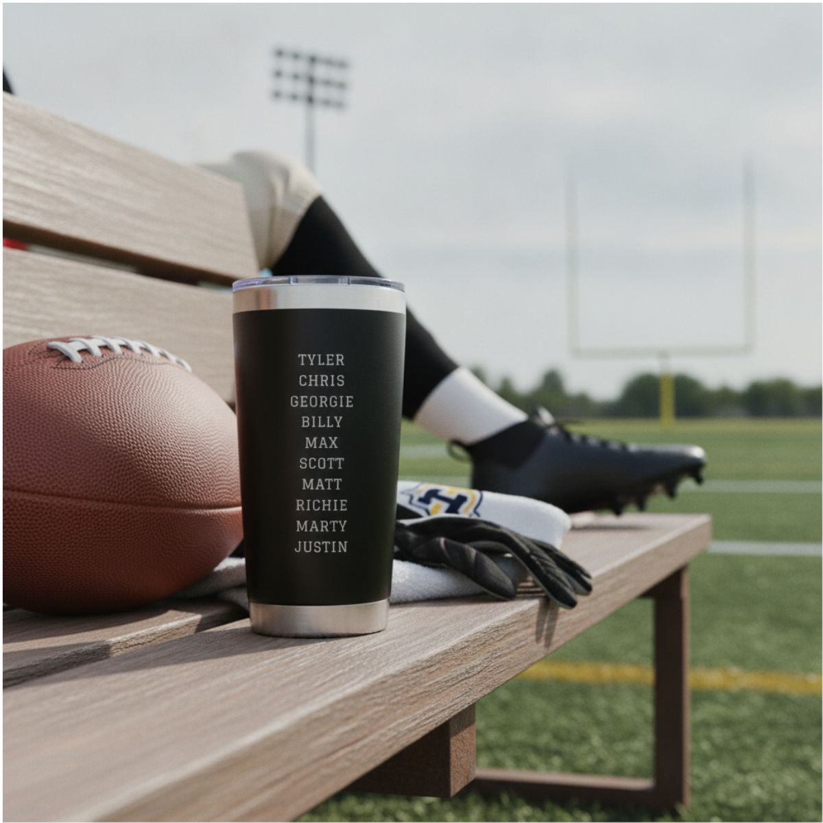 Personalized football coach tumbler with the coach's name and a football design engraved on the front and the full team roster engraved on the back