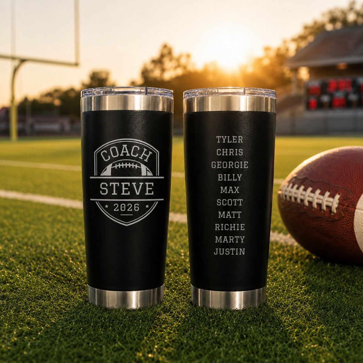 Personalized football coach tumbler with the coach's name and a football design engraved on the front and the full team roster engraved on the back