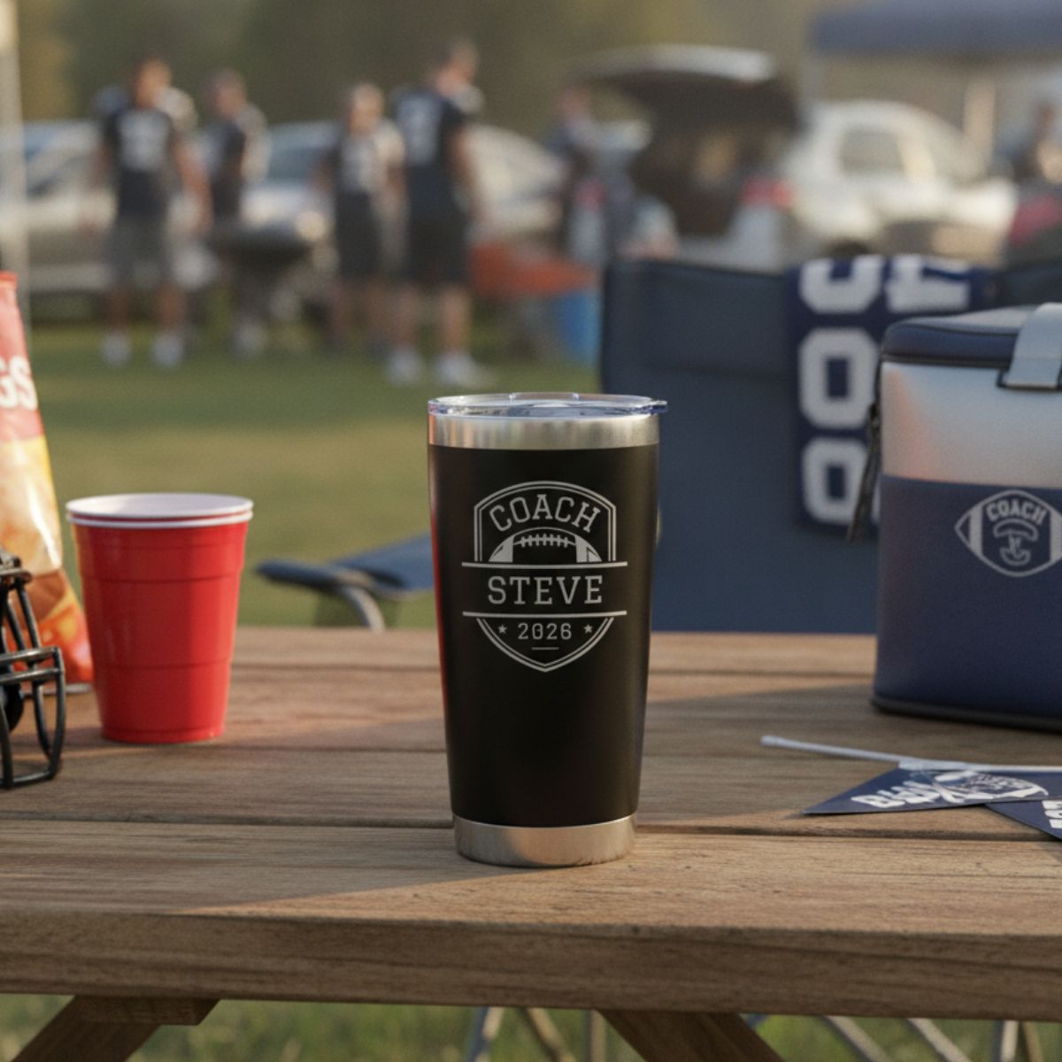 Personalized football coach tumbler with the coach's name and a football design engraved on the front and the full team roster engraved on the back