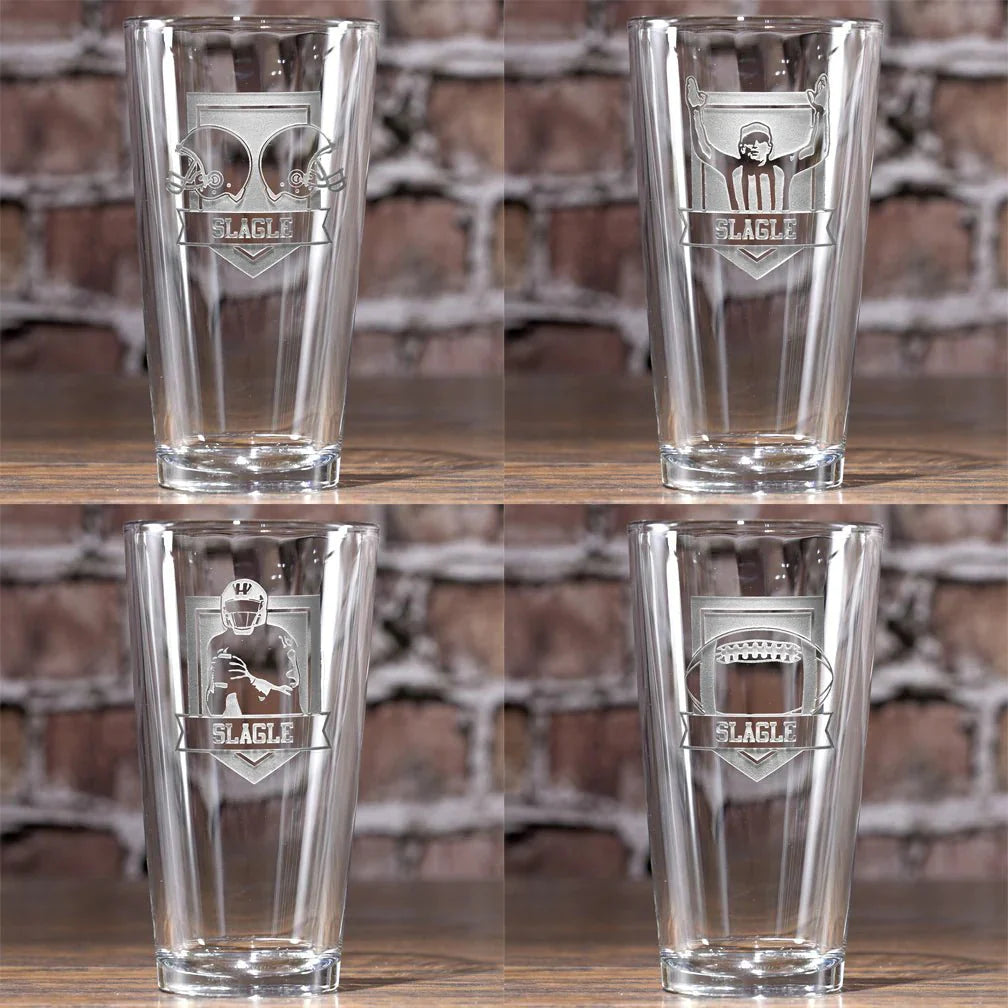 Sunday Drive personalized football pint glass set detail showing sand-carved engraving