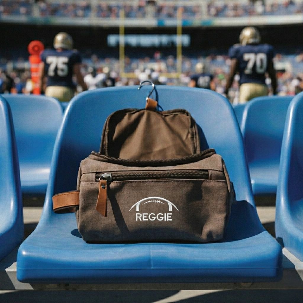 Personalized football toiletry bag in washed canvas with a leather handle and an embroidered football with custom initials, built for road games and college