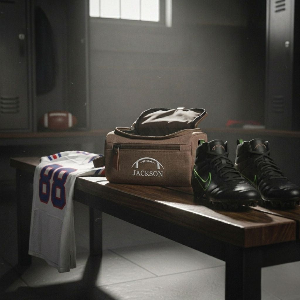 Personalized football toiletry bag in washed canvas with a leather handle and an embroidered football with custom initials, built for road games and college