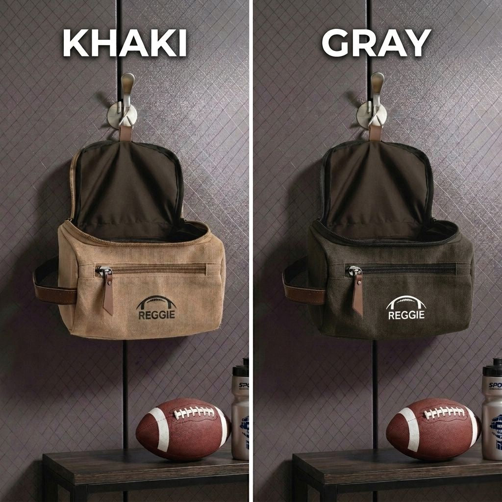 Personalized football toiletry bag in washed canvas with a leather handle and an embroidered football with custom initials, built for road games and college
