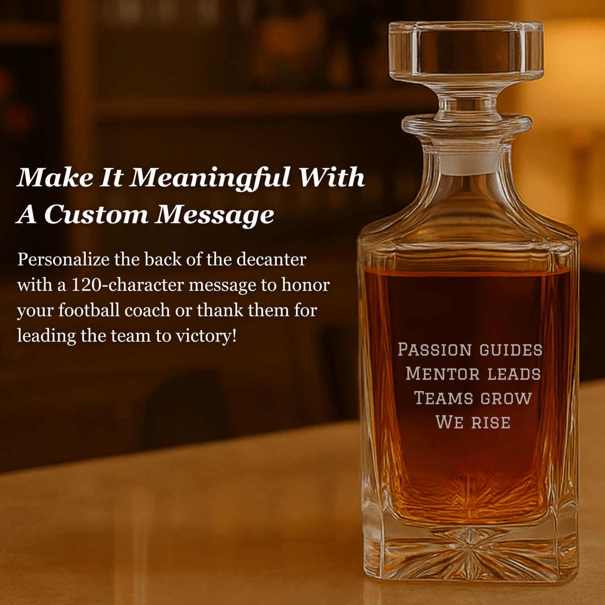 Personalized football coach decanter engraved with a Best Coach Ever football design and the coach's name and team, a standout piece for his home bar