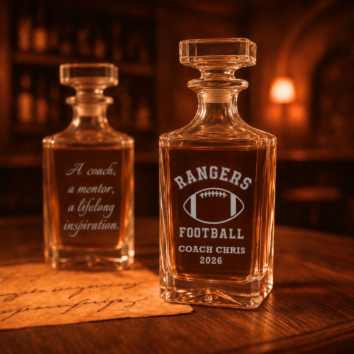 Personalized football coach decanter engraved with a Best Coach Ever football design and the coach's name and team, a standout piece for his home bar
