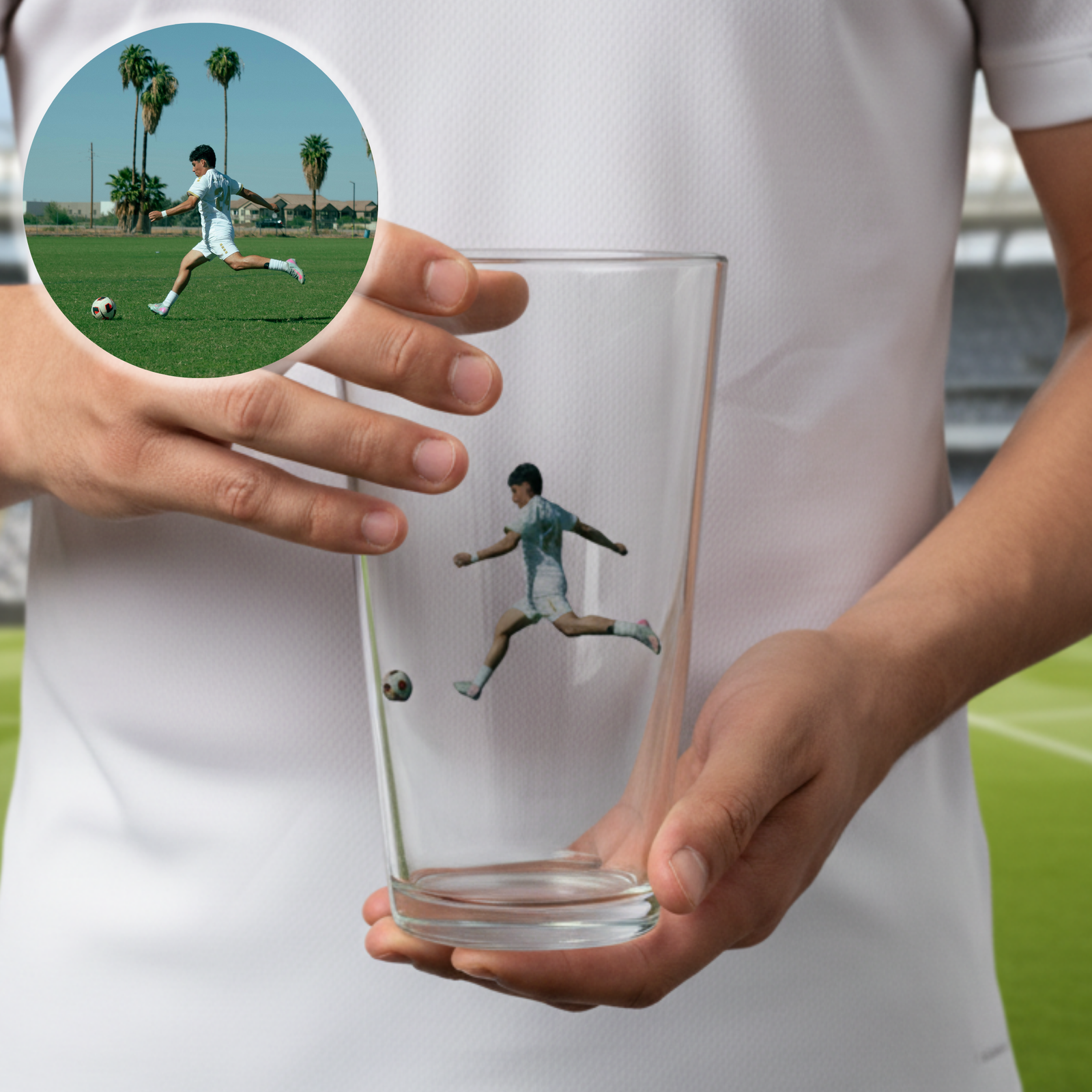 Pint glass held in hand displaying custom photo prints of young soccer players in action on the field