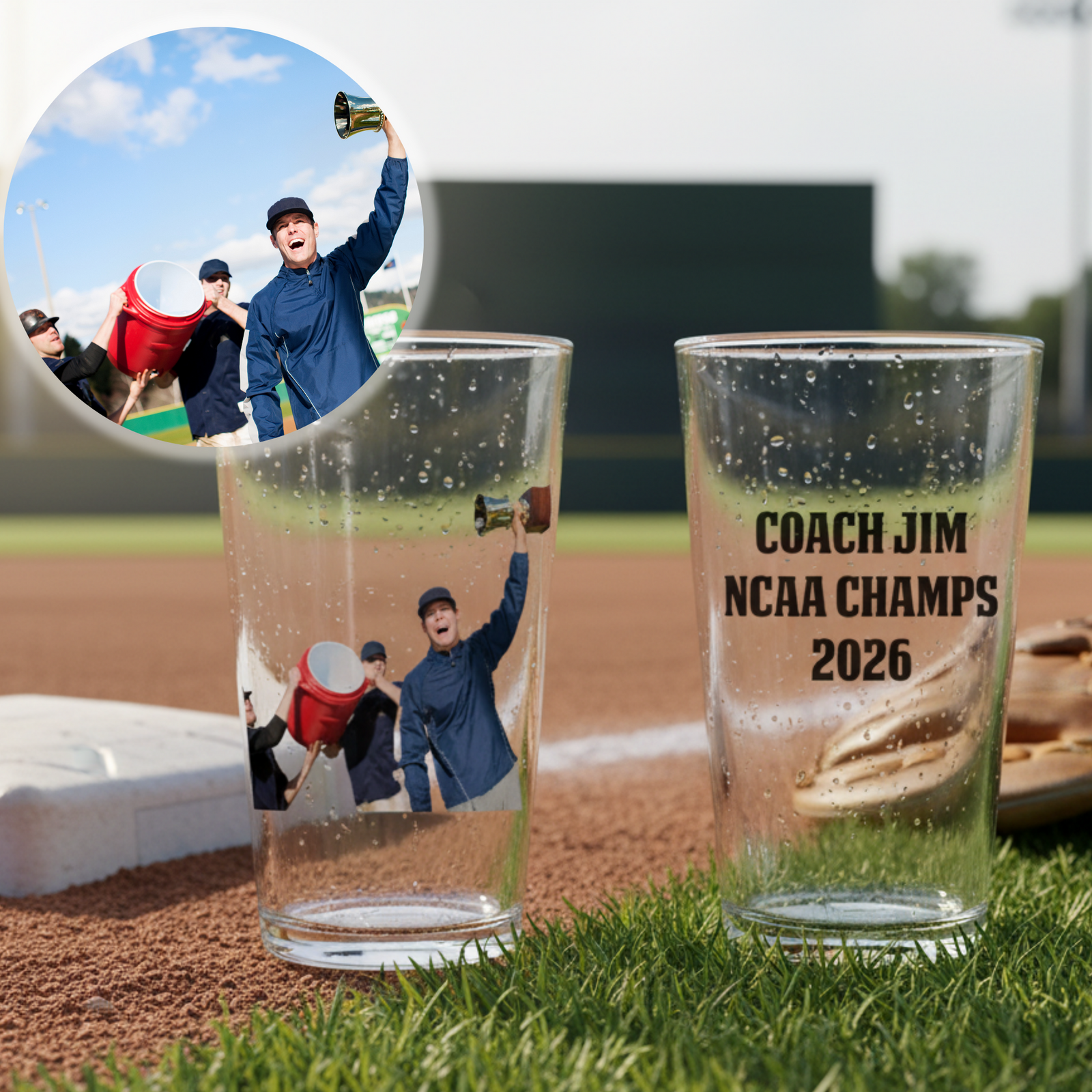 Two pint glasses on a baseball field; left glass displays a custom photo of a coach holding a trophy with team members, right glass shows sample personalization reading "COACH JIM 