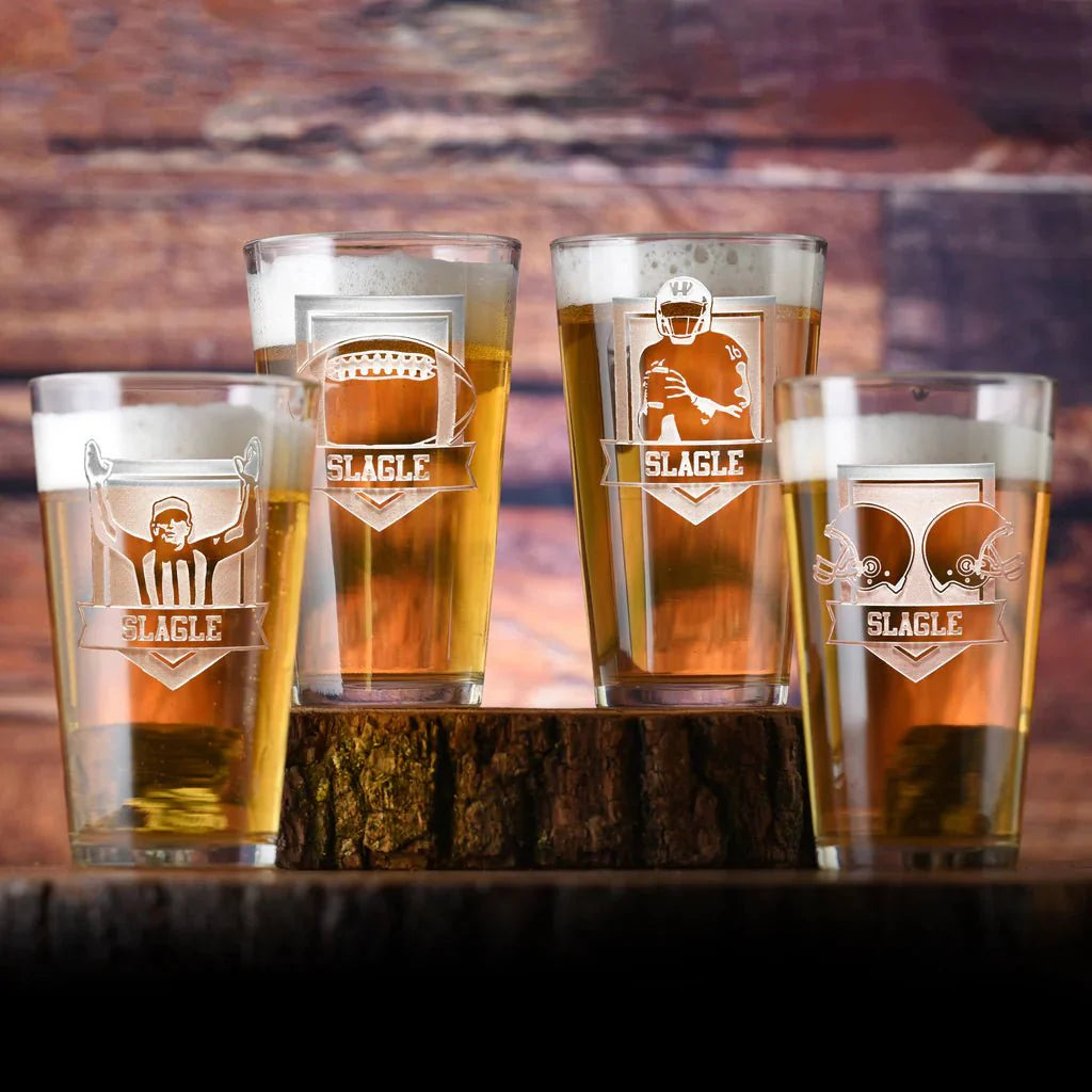 Sunday Drive personalized football pint glass set with sand-carved football design, four 16 oz glasses