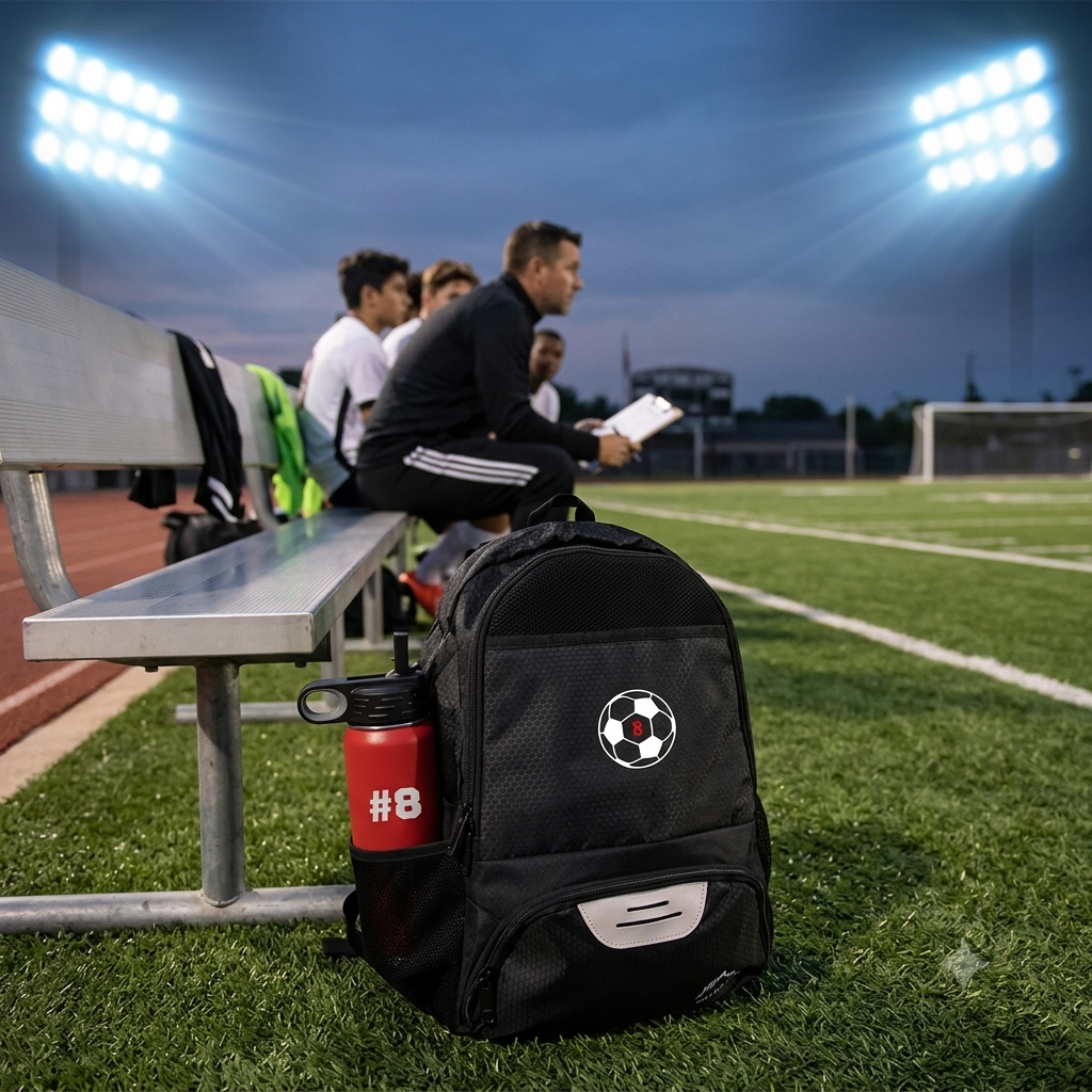 Black sports backpack with soccer ball design and attached red water bottle labeled #8, displayed on soccer field during evening game with coach and players on bench in background.