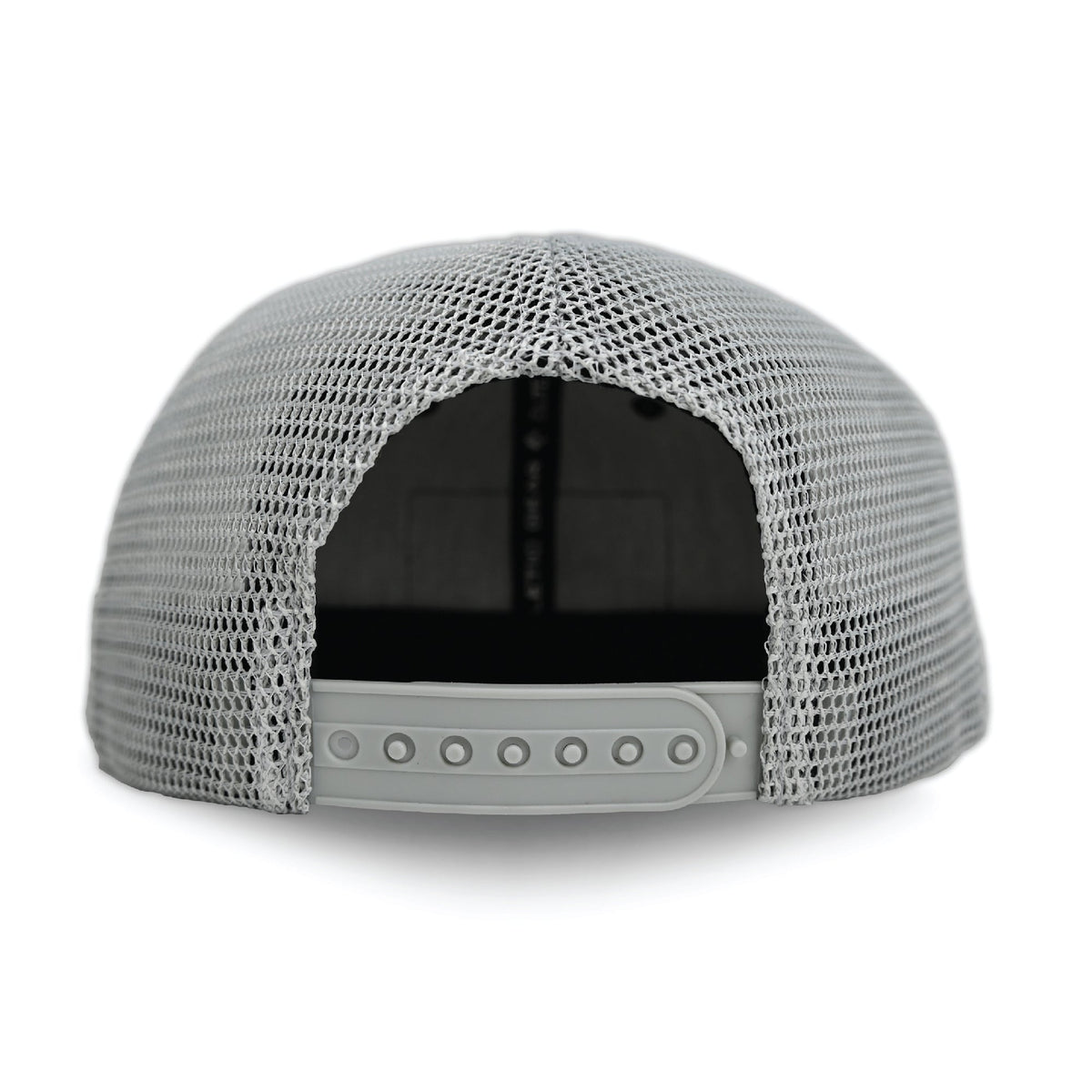 Back view of grey mesh trucker hat showing adjustable snapback closure with seven snap buttons and black inner sweatband.