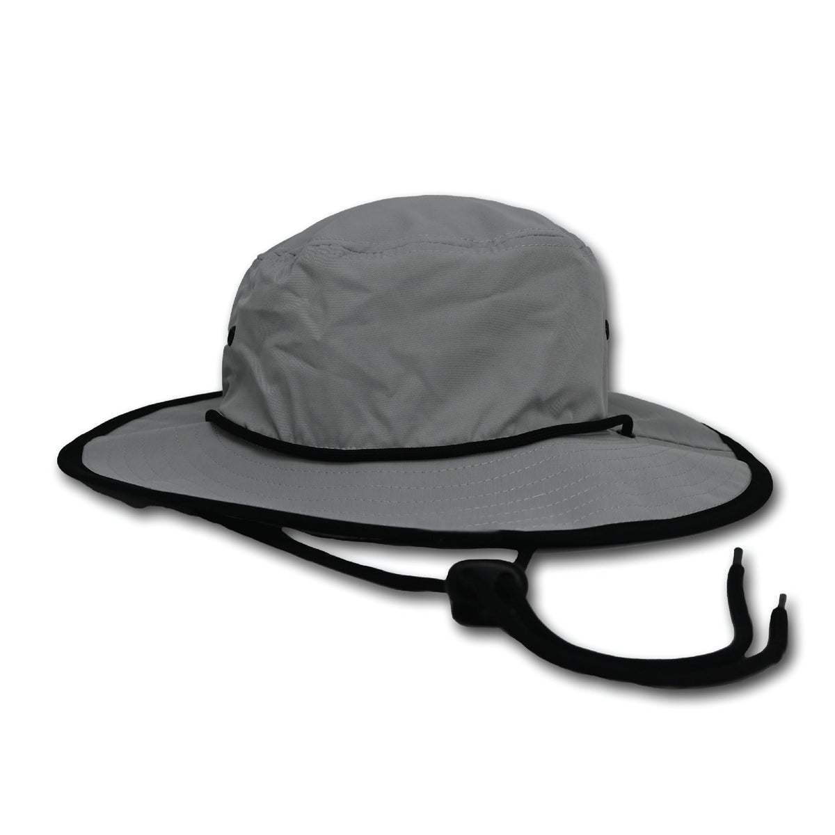 Gray bucket hat with black trim and adjustable chin strap, shown from front angle on white background