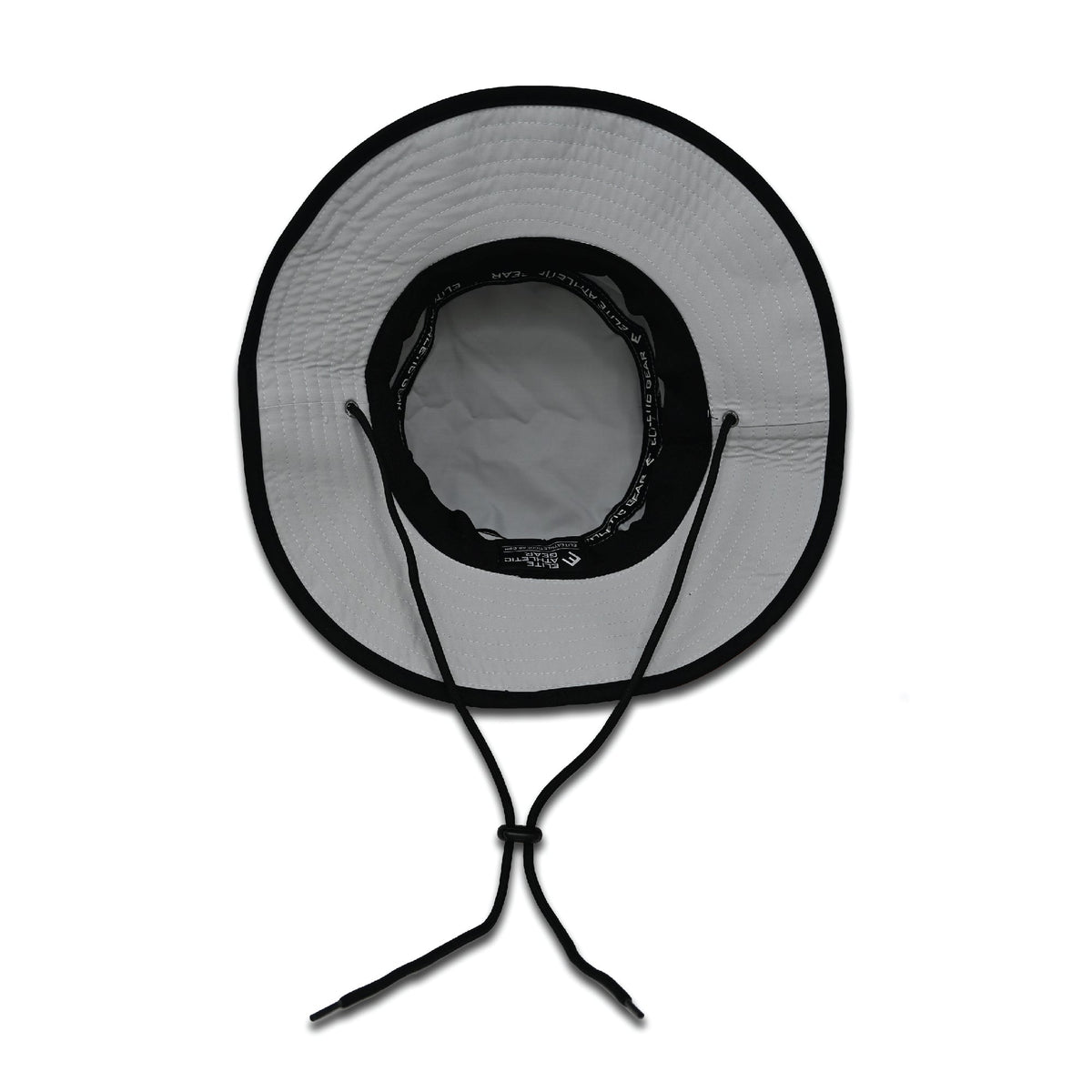 Overhead view of bucket hat showing gray mesh crown with black trim and adjustable chin strap details
