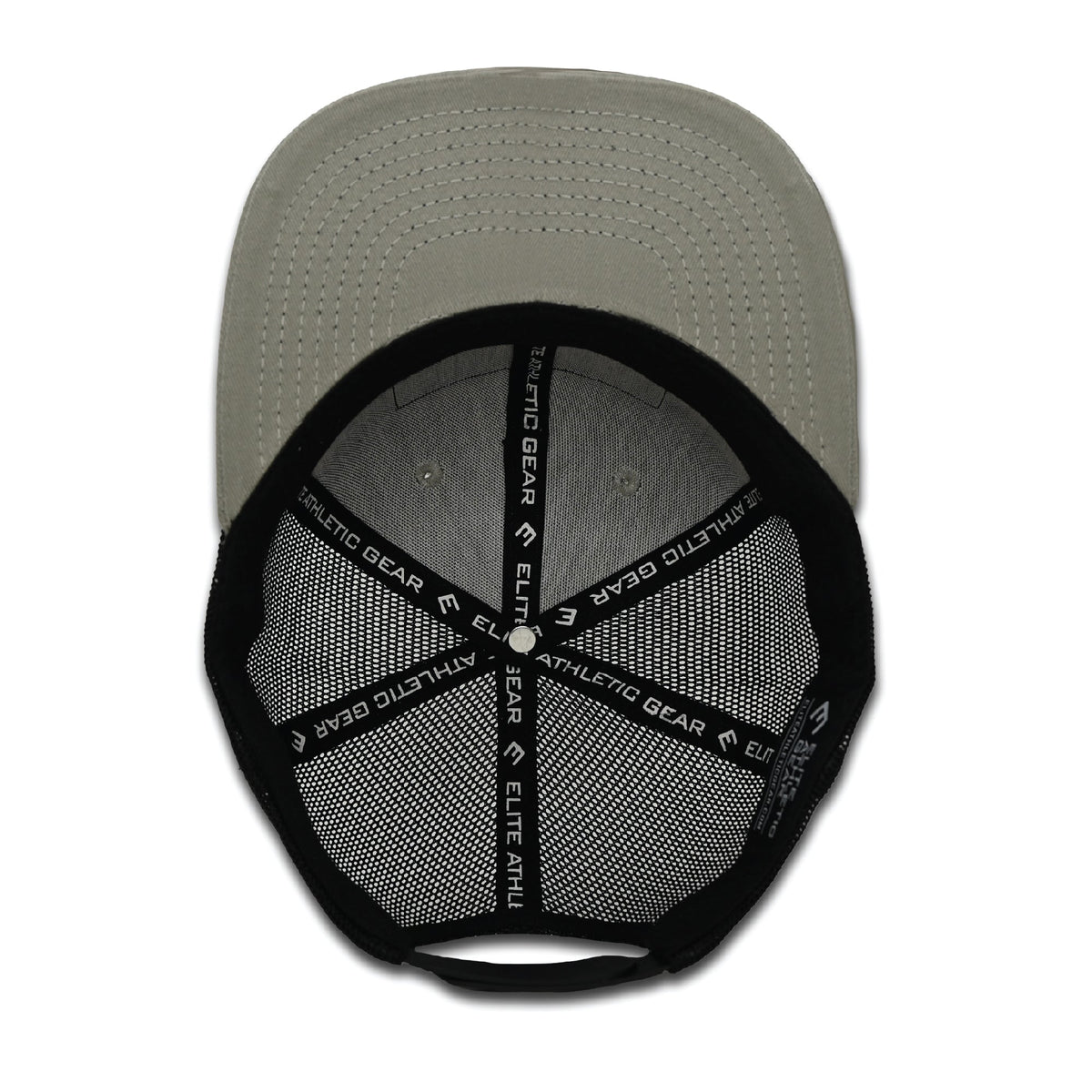 Grey and black trucker hat with mesh panels, showing snapback closure and "Elite Athletic Gear" branding on the underside crown